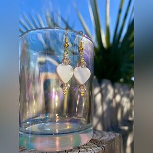 Mother of pearl hearts & crystal earrings valentines handmade